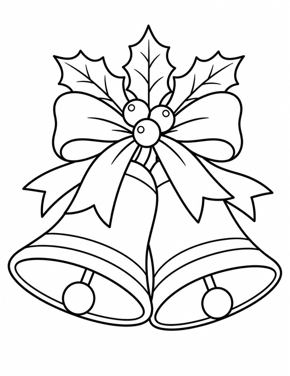 Christmas bells coloring page with a ribbon bow, holly leaves and berries.