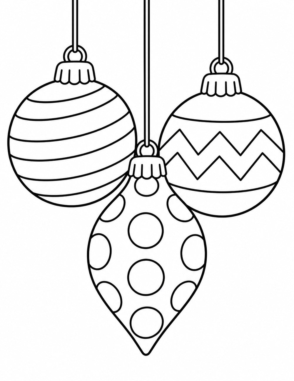 Christmas ornament coloring page with three hanging baubles decorated with stripes, dots and zigzags.