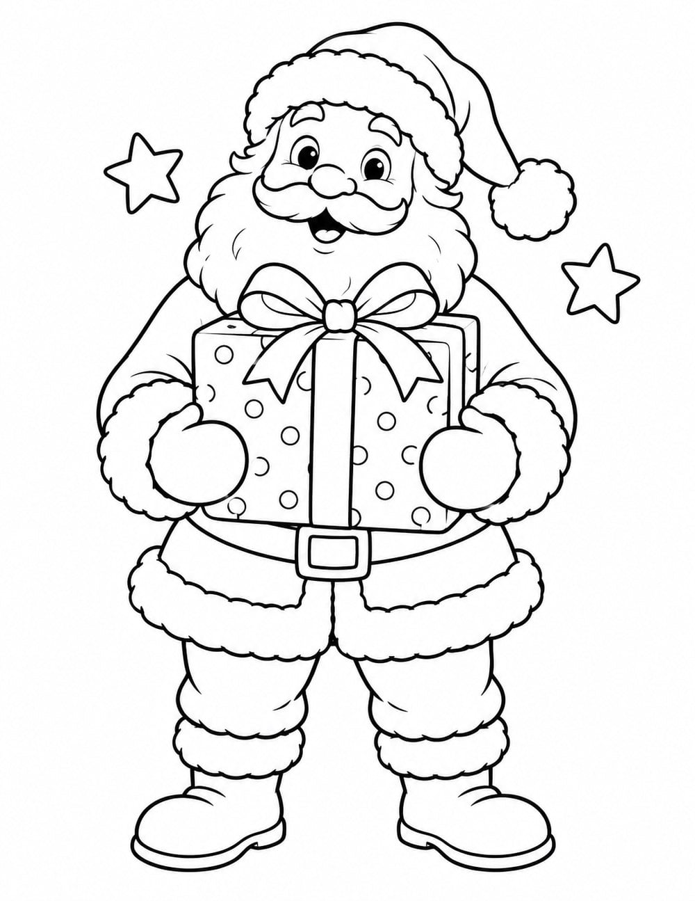 Santa Claus coloring page showing Santa holding a large wrapped Christmas present.