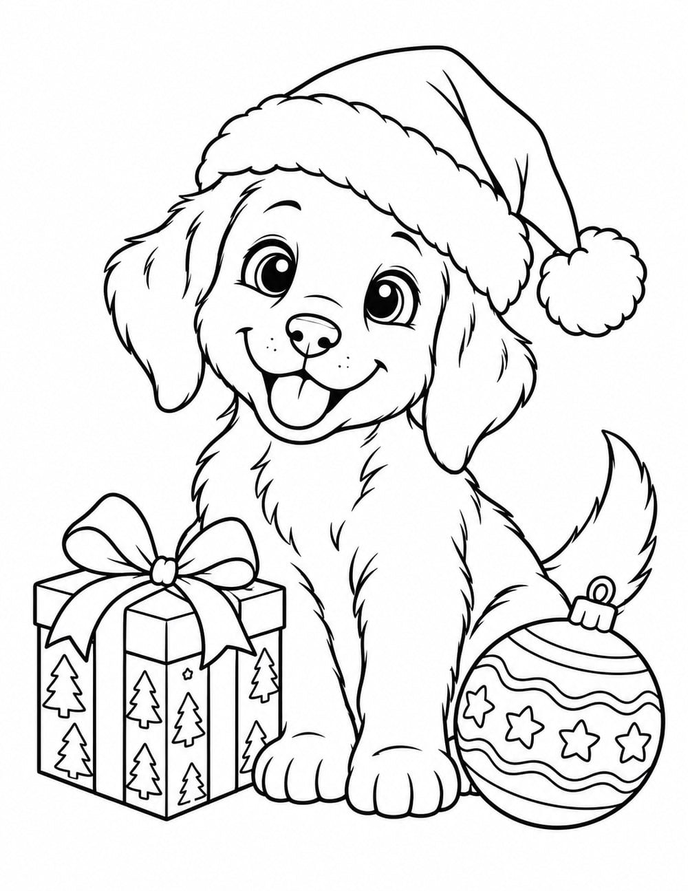Cute Christmas puppy coloring page with a Santa hat, wrapped gift and patterned ornament.
