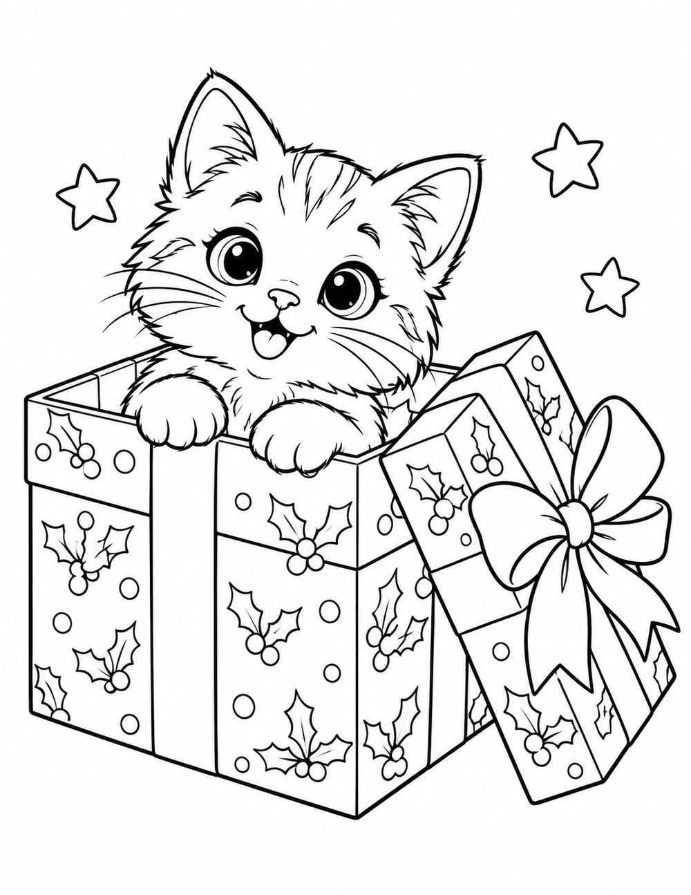 Christmas kitten coloring page featuring a kitten peeking out of a patterned gift box.
