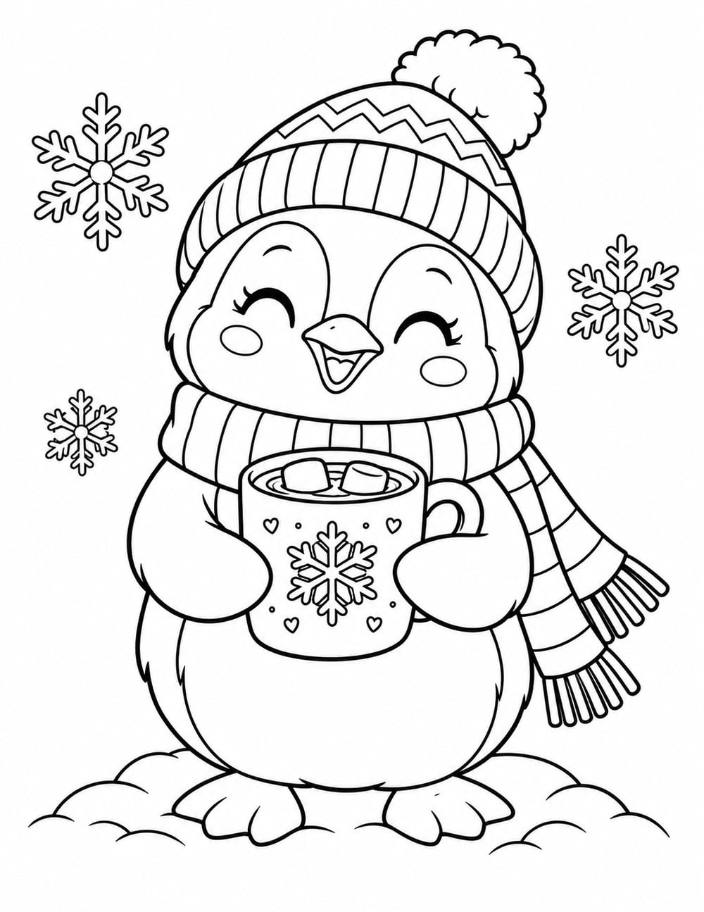 Winter penguin coloring page with a knitted hat, striped scarf and mug of hot chocolate.