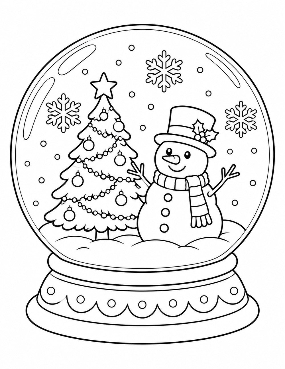 Christmas snow globe coloring page featuring a decorated tree, smiling snowman and falling snow.