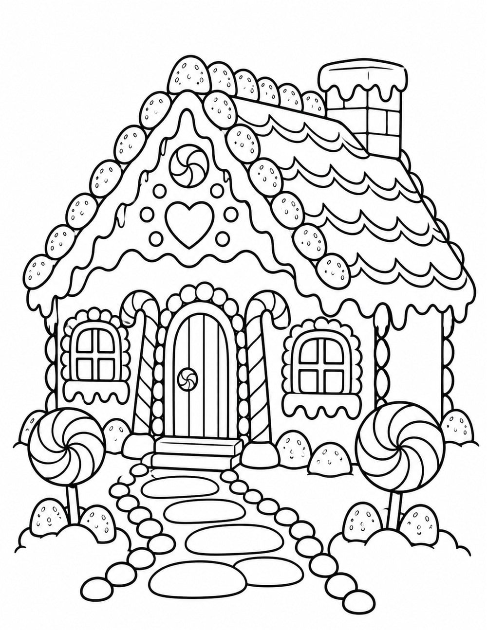 Gingerbread house coloring page with candy decorations, an icing-covered roof and a front path.