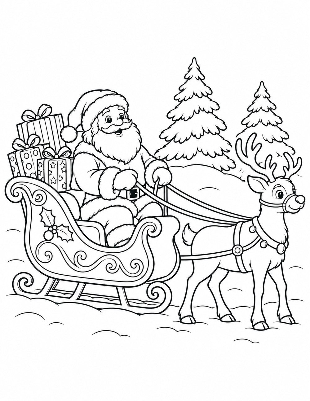 Christmas coloring page showing Santa in a gift-filled sleigh with a reindeer standing ahead.