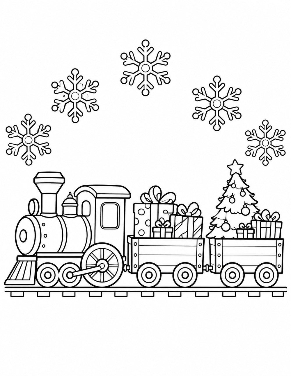 Christmas train coloring page with carriages carrying wrapped presents and a decorated tree beneath snowflakes.
