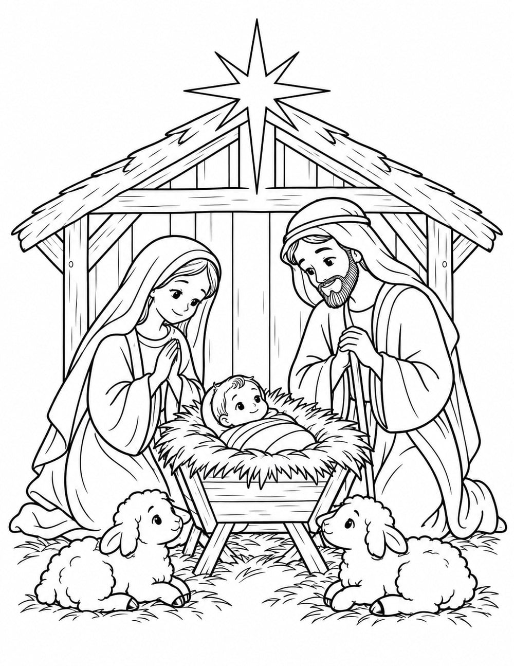 Nativity coloring page featuring Mary, Joseph and baby Jesus beneath a star, with two sheep beside the manger.