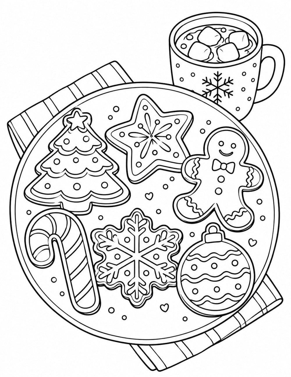 Christmas cookie coloring page featuring six decorated holiday cookies beside a mug of hot chocolate.