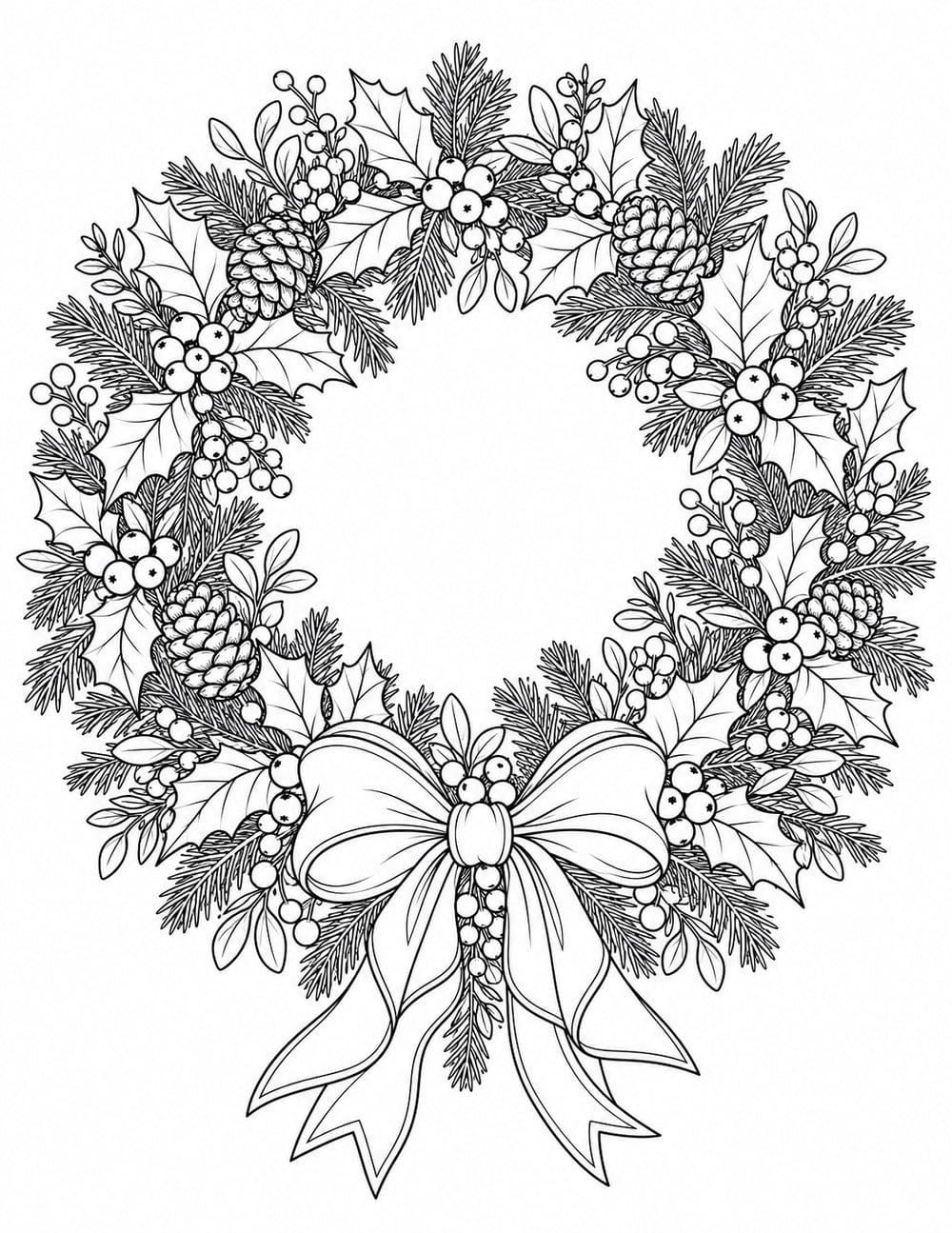 Detailed Christmas wreath coloring page for adults with layered greenery, berries and a ribbon bow.