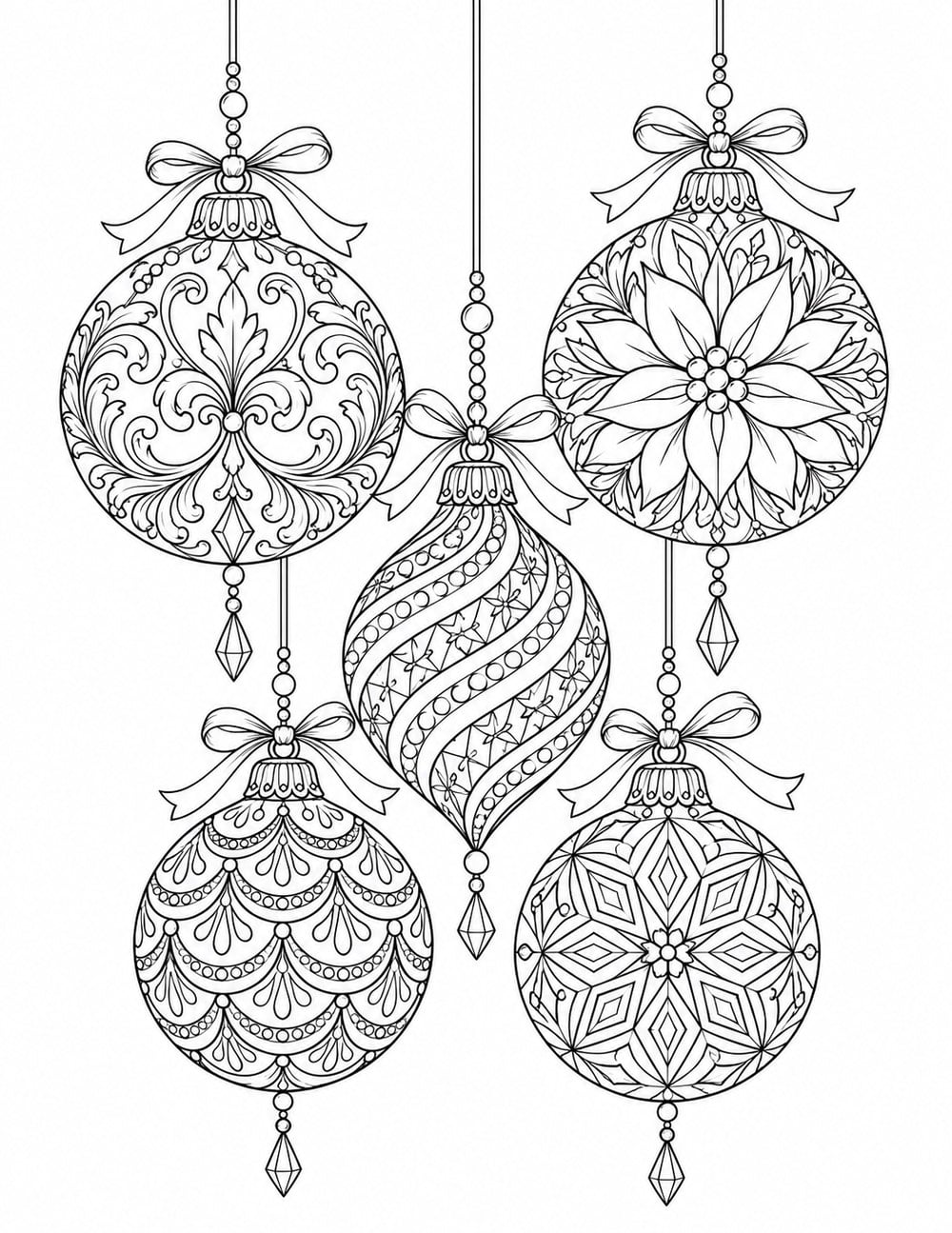 Detailed Christmas ornament coloring page with five hanging baubles filled with decorative patterns.