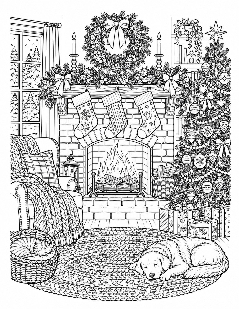 Cozy Christmas coloring page with a decorated fireplace, stockings, Christmas tree, armchair and sleeping dog.