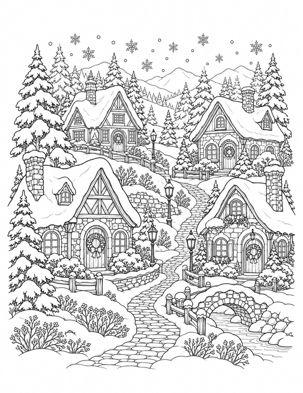 Detailed Christmas village coloring page with snow-covered cottages, evergreen trees, a winding path and a small bridge.