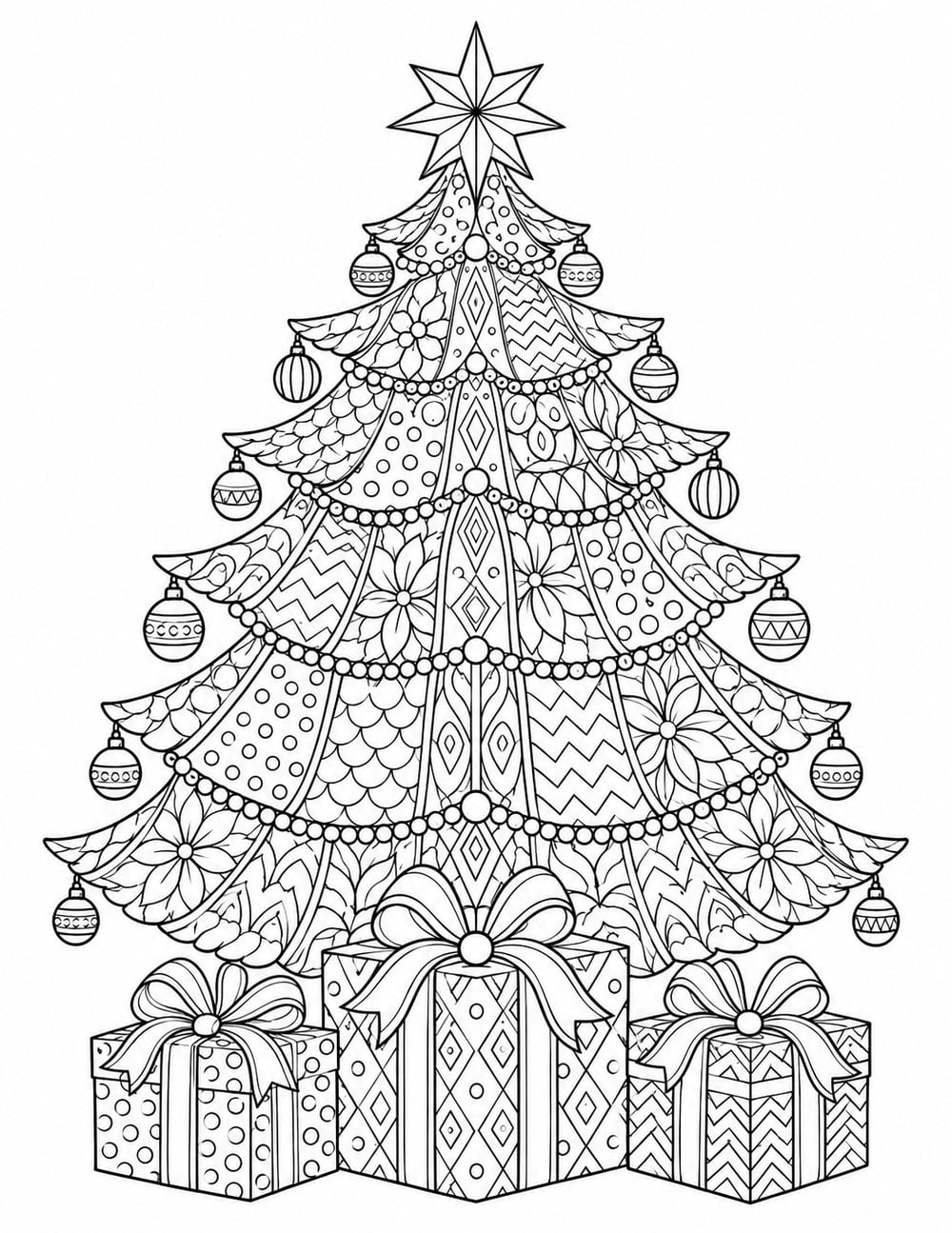 Detailed Christmas tree coloring page with patterned branches, hanging ornaments, a star topper and wrapped gifts.