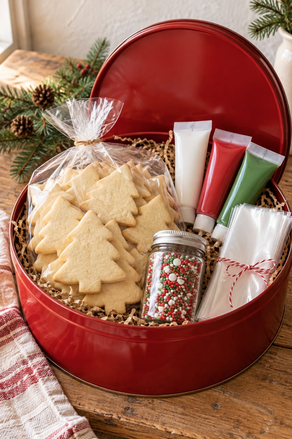 christmas-cookie-decorating-gift-basket.jpg Red Christmas cookie tin filled with plain tree cookies, icing tubes, sprinkles, and empty treat bags.