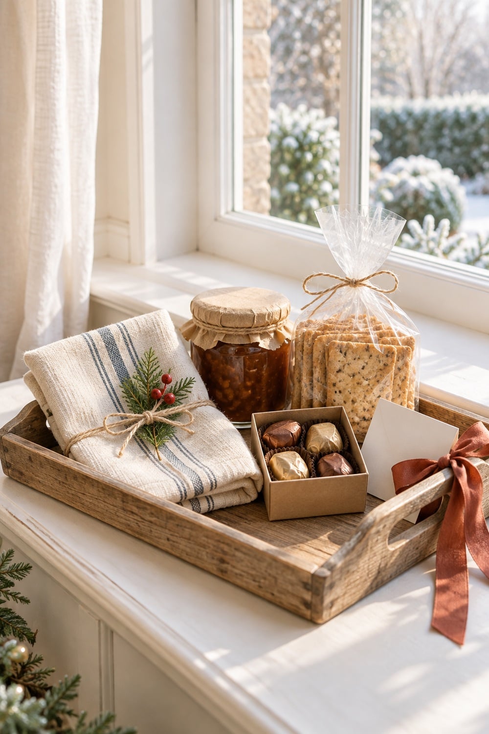 christmas-hostess-gift-basket.jpg Wooden hostess gift tray with chutney, crackers, wrapped chocolates, a linen tea towel, and rust ribbon.