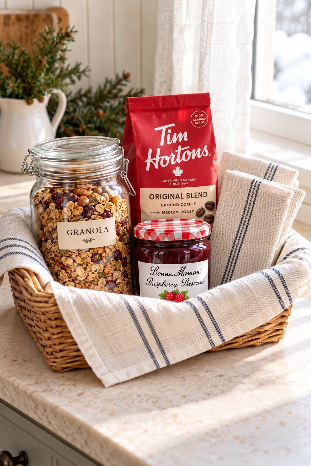 Christmas breakfast gift basket with Tim Hortons coffee, Bonne Maman raspberry preserves, granola, and striped linen.