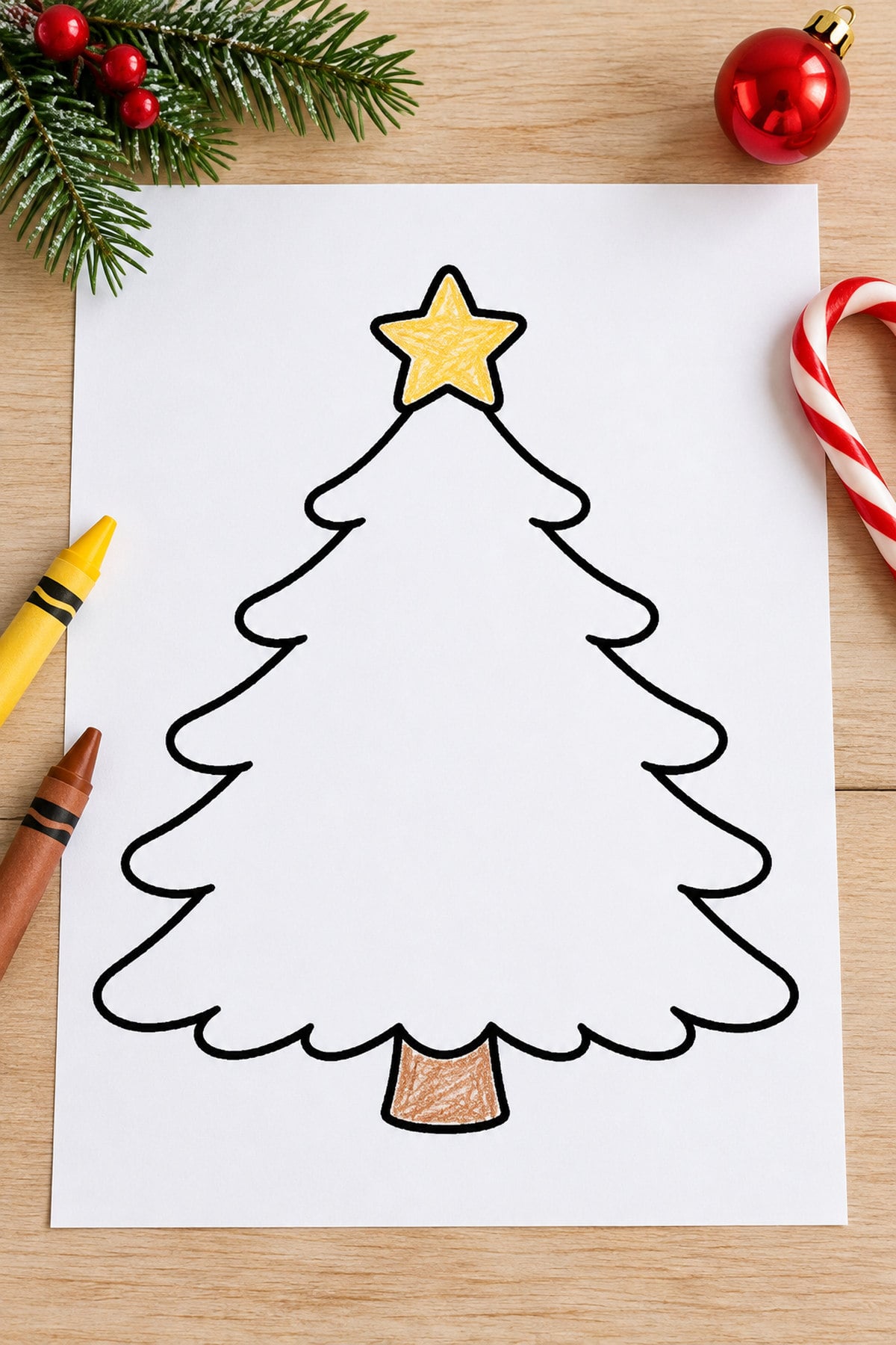 Simple Christmas tree coloring page with a yellow star and partially colored trunk on a wooden table with crayons and Christmas greenery.