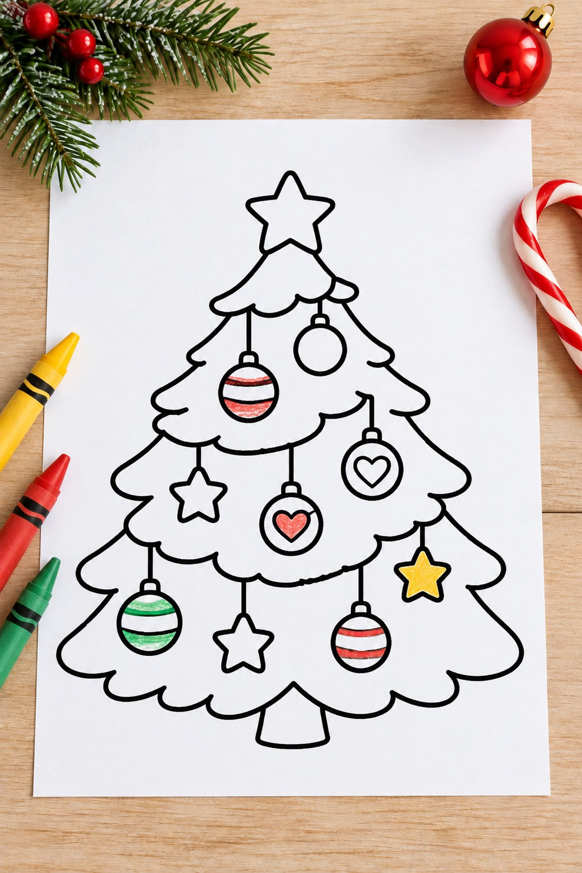 Printable Christmas tree coloring page with hanging baubles, stars, and partially colored ornaments on a festive wooden table.