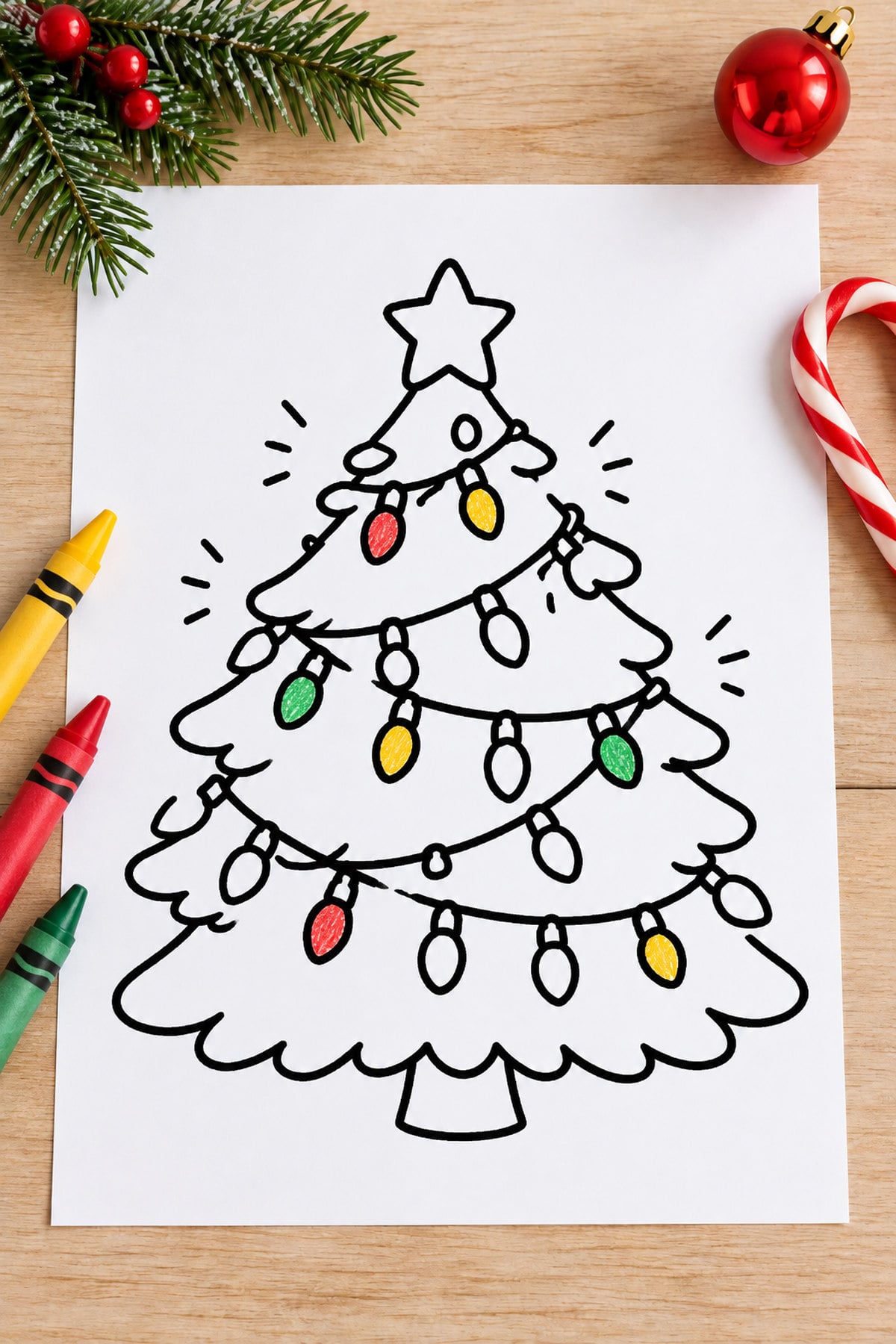 Christmas tree coloring sheet with strings of lights partially colored red, green, and yellow, surrounded by crayons and Christmas decorations.