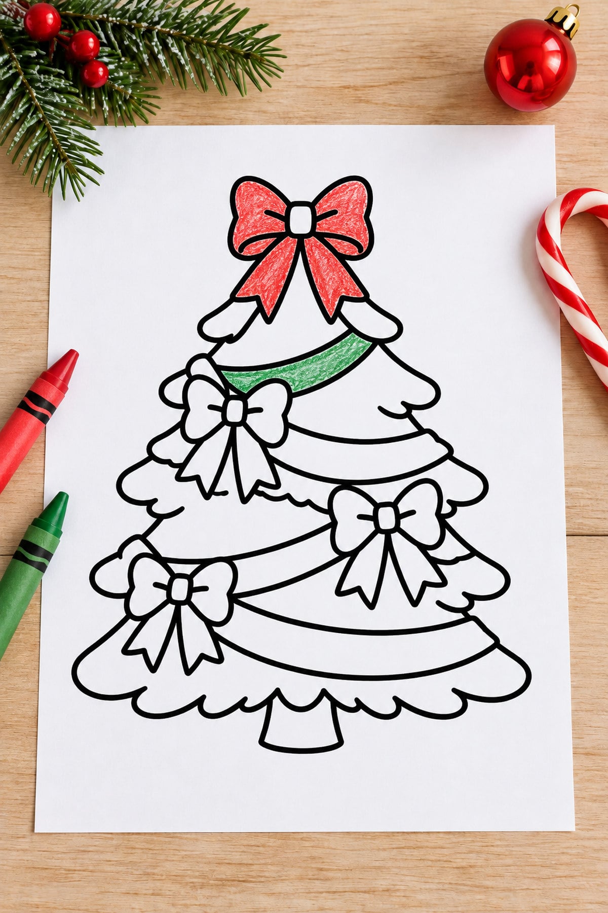 Christmas tree coloring page decorated with large bows and ribbon garlands, partially colored red and green on a light wooden table.