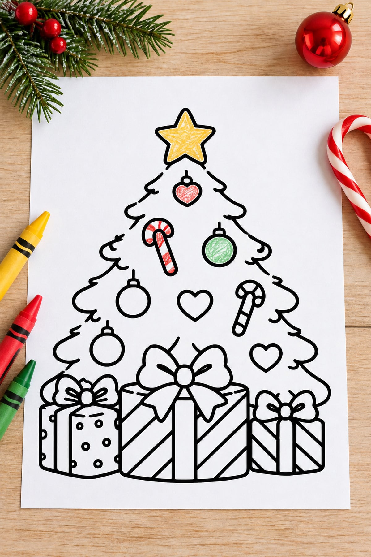 Printable Christmas tree coloring page with wrapped presents, candy canes, and ornaments, partially colored on a festive craft table.
