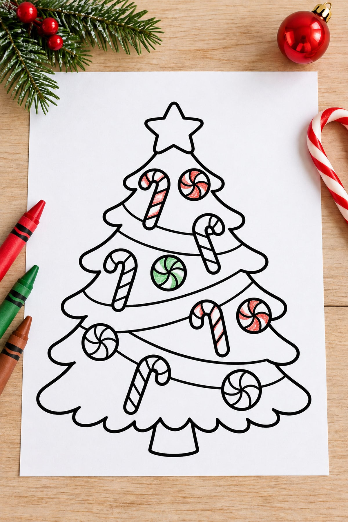 Candy cane Christmas tree coloring page with peppermint ornaments partially colored red and green, displayed with crayons and evergreen branches.