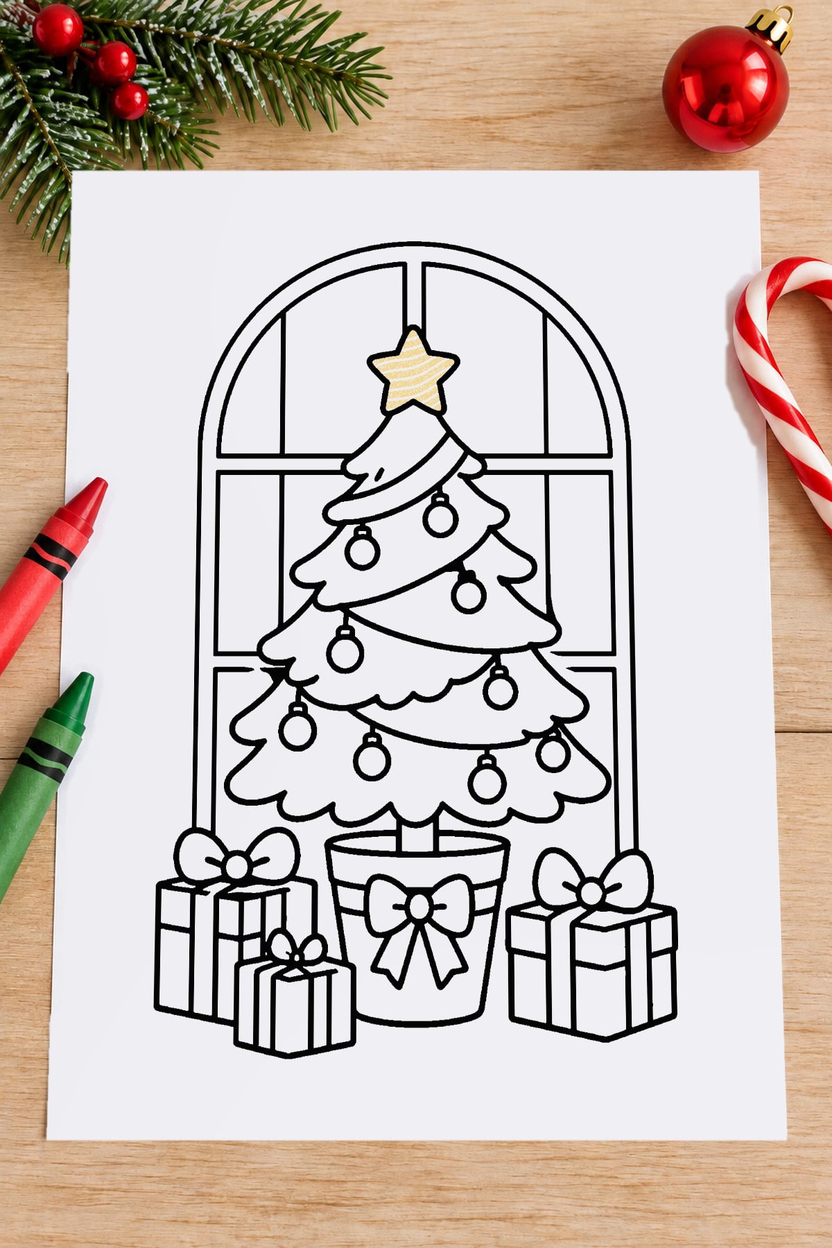 Christmas tree coloring sheet featuring a decorated potted tree in front of an arched window with wrapped presents underneath.