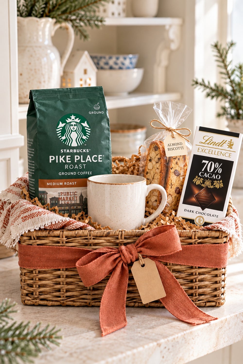 Coffee gift basket with Starbucks Pike Place Roast, Lindt dark chocolate, almond biscotti, and a cream mug.