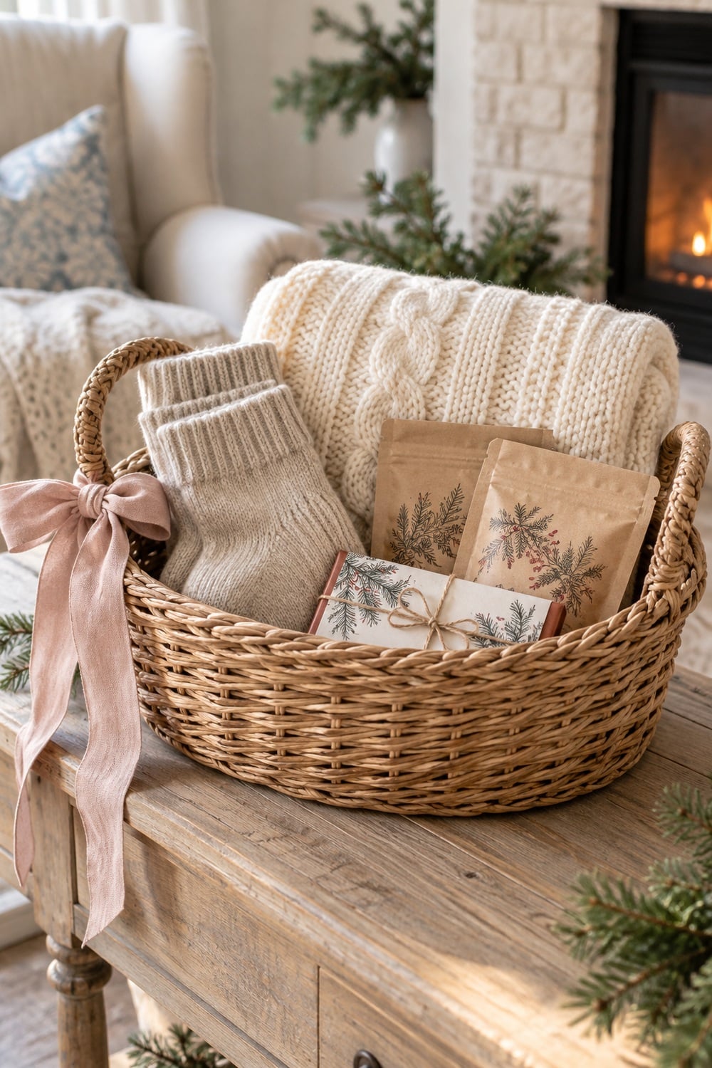 cozy-winter-night-christmas-gift-basket.jpg Christmas gift basket with a cream knit throw, cosy socks, cocoa sachets, chocolate, and a blush bow.