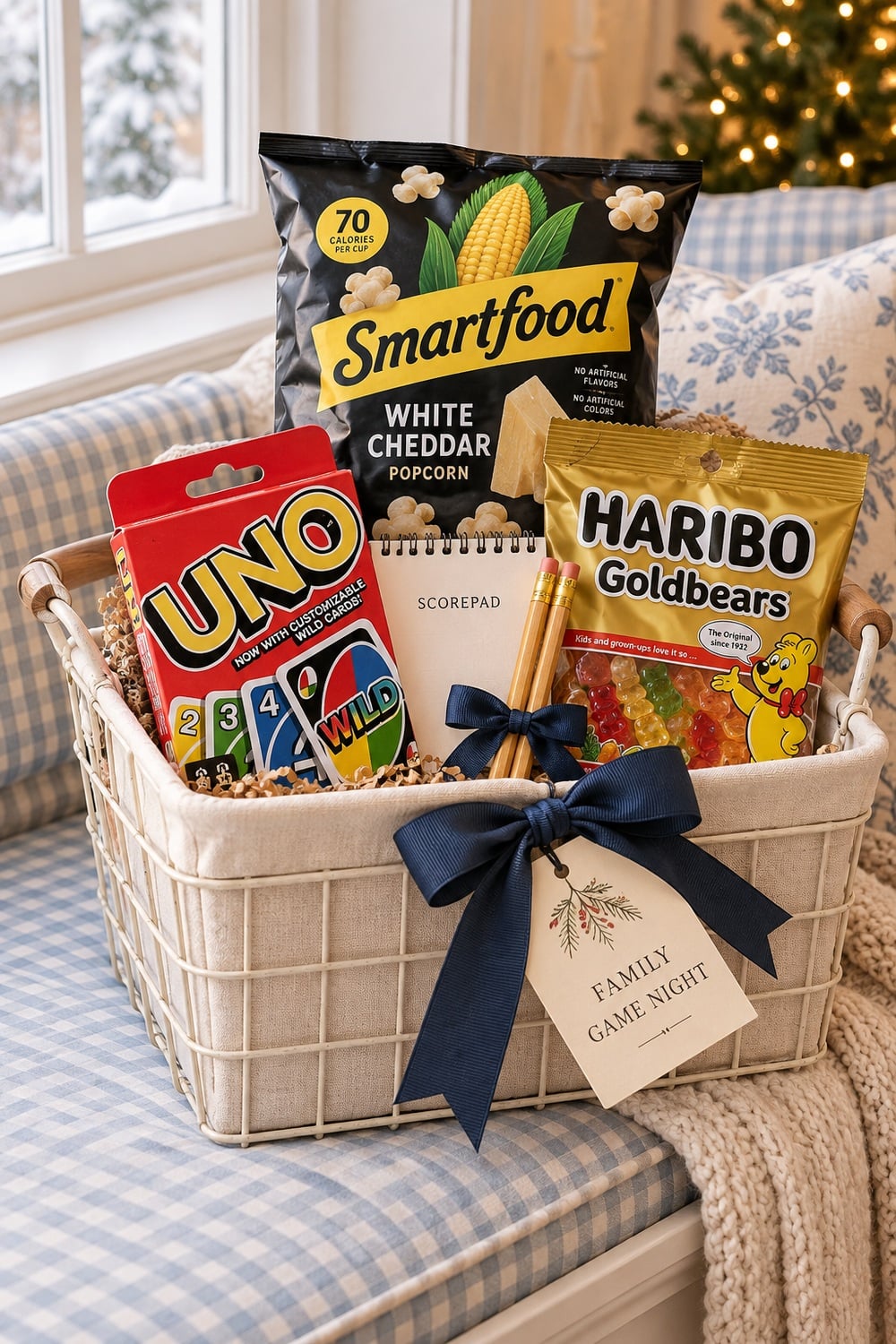 Family game-night basket with UNO, Smartfood popcorn, HARIBO Goldbears, a scorepad, pencils, and navy ribbon.