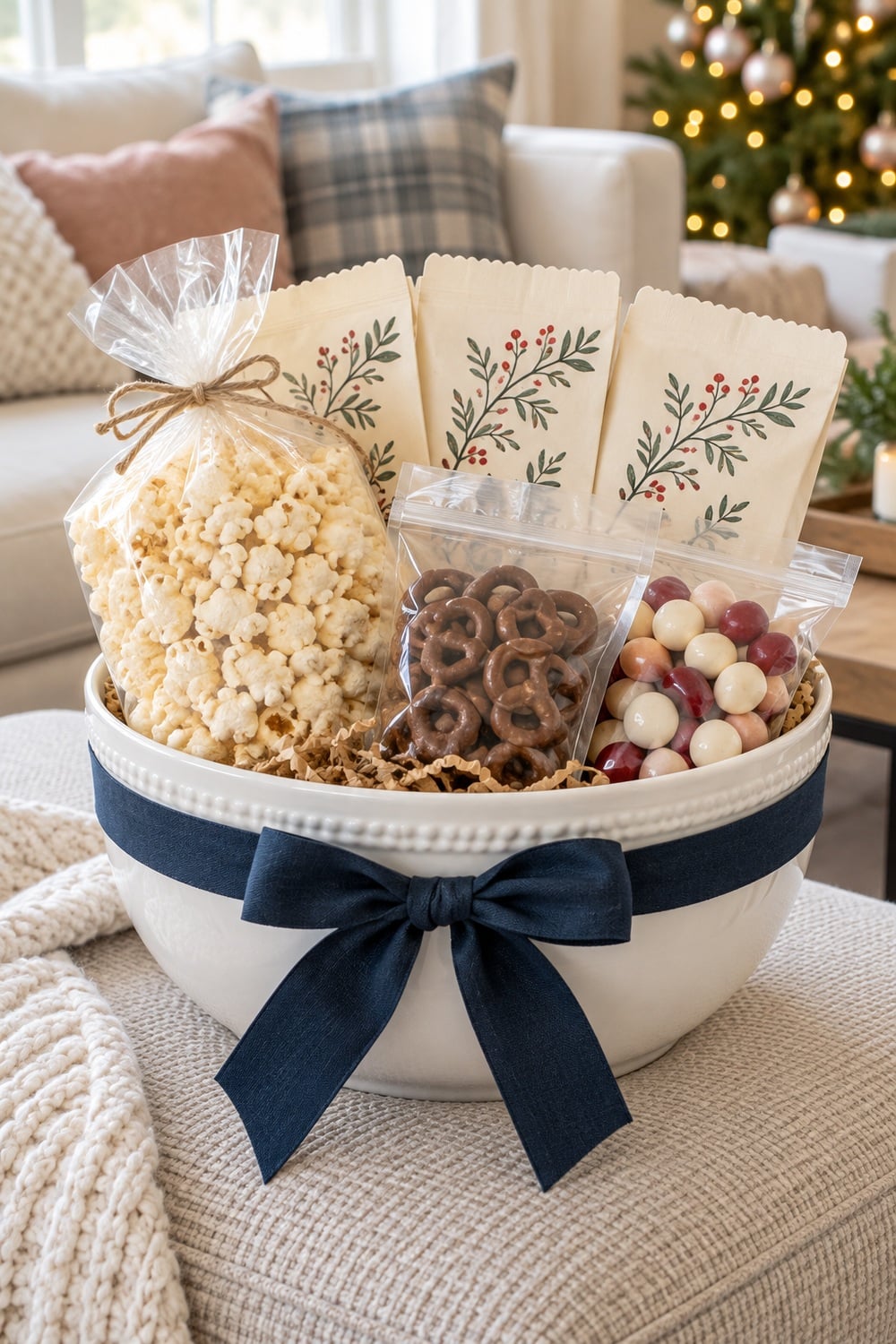 family-movie-night-christmas-gift-basket.jpg White movie-night gift bowl with popcorn, chocolate pretzels, sweets, paper bags, and a navy ribbon.