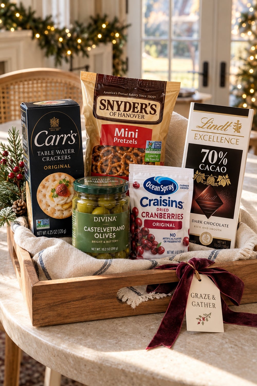 Wooden grazing gift tray with Carr's crackers, Divina olives, Craisins, Snyder's pretzels, and Lindt chocolate.