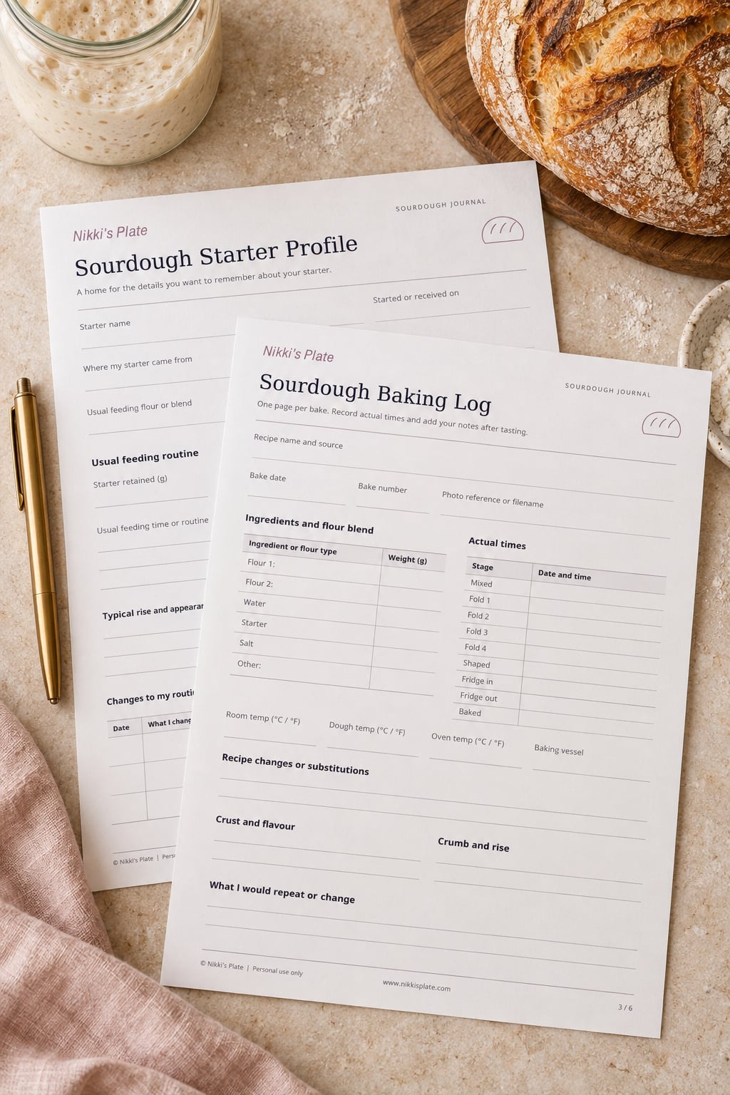 Sourdough starter profile and baking log pages beside a loaf of bread, a jar of starter, and a brass pen.