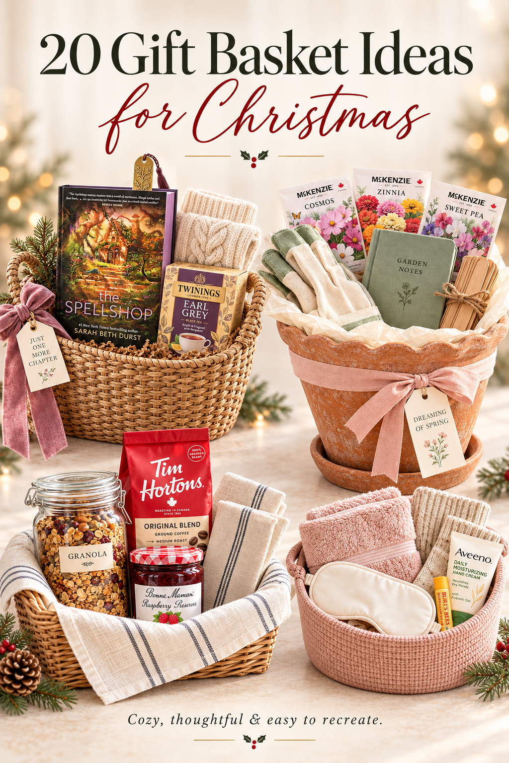 Pinterest graphic for 20 Christmas gift basket ideas with elegant text and four thoughtful gift basket ideas including tea, gardening, breakfast, and cozy self-care themes.