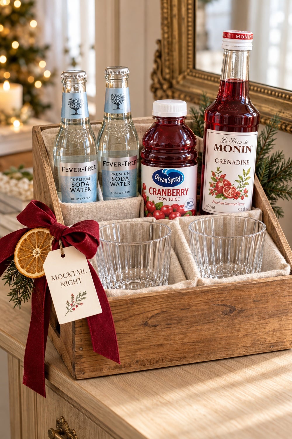 holiday-mocktail-christmas-gift-basket.jpg Mocktail gift crate with Fever-Tree soda water, Ocean Spray cranberry juice, Monin grenadine, and two glasses.