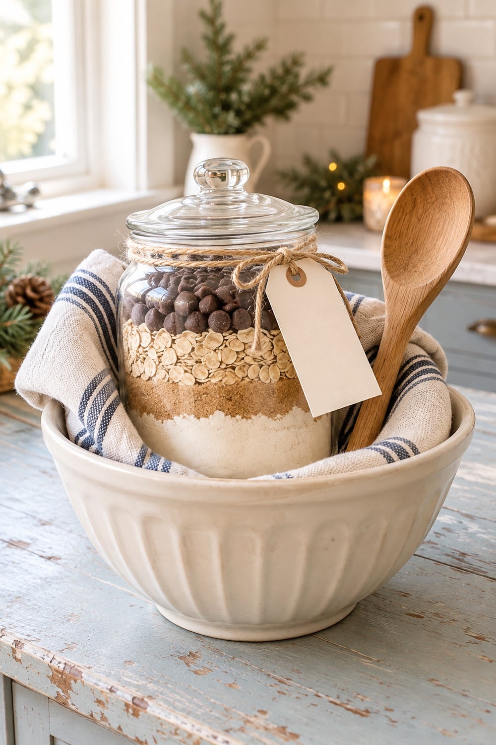 homemade-baking-christmas-gift-basket.jpg Cream mixing bowl with a layered cookie-mix jar, wooden spoon, striped tea towel, and blank gift tag.