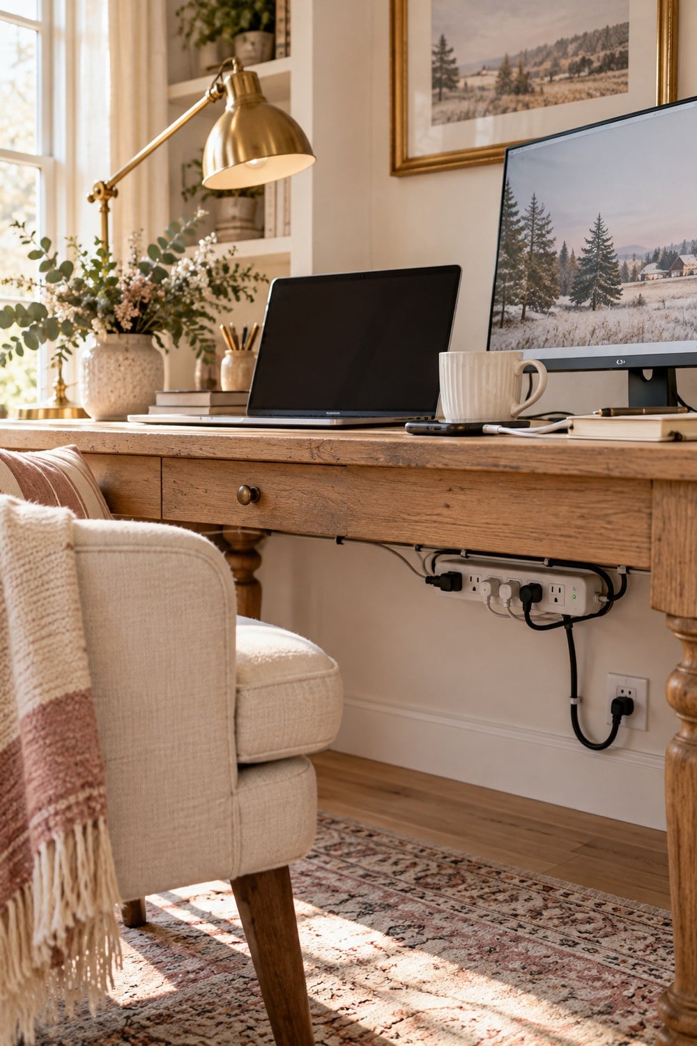 Cozy farmhouse home office with an oak desk, laptop, brass lamp, and mounted power strip for organized electrical access.