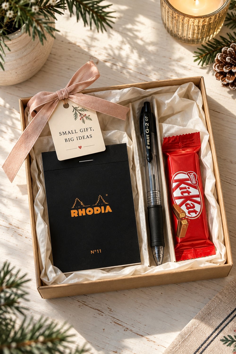 Secret Santa mini gift box with a Rhodia notepad, Pilot G2 pen, KitKat bar, and blush ribbon.