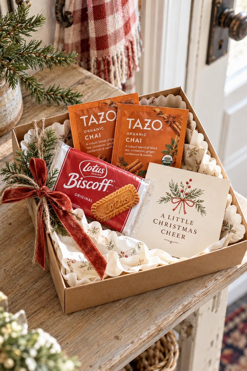 neighbour-christmas-treat-gift-basket.jpg Neighbour Christmas gift box with Lotus Biscoff cookies, two TAZO Chai sachets, and a festive card.