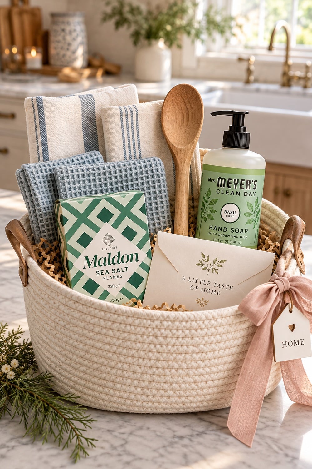 new-home-kitchen-christmas-gift-basket.jpg New-home kitchen basket with Mrs. Meyer's hand soap, Maldon salt, tea towels, dishcloths, and a wooden spoon.