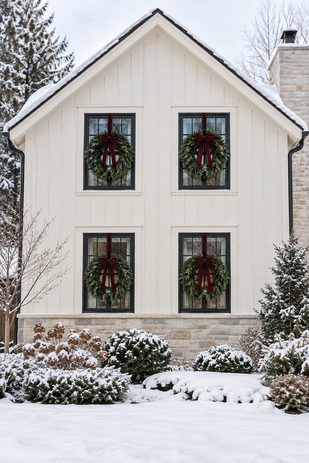 Evergreen wreaths with burgundy bows on four black-framed farmhouse windows.