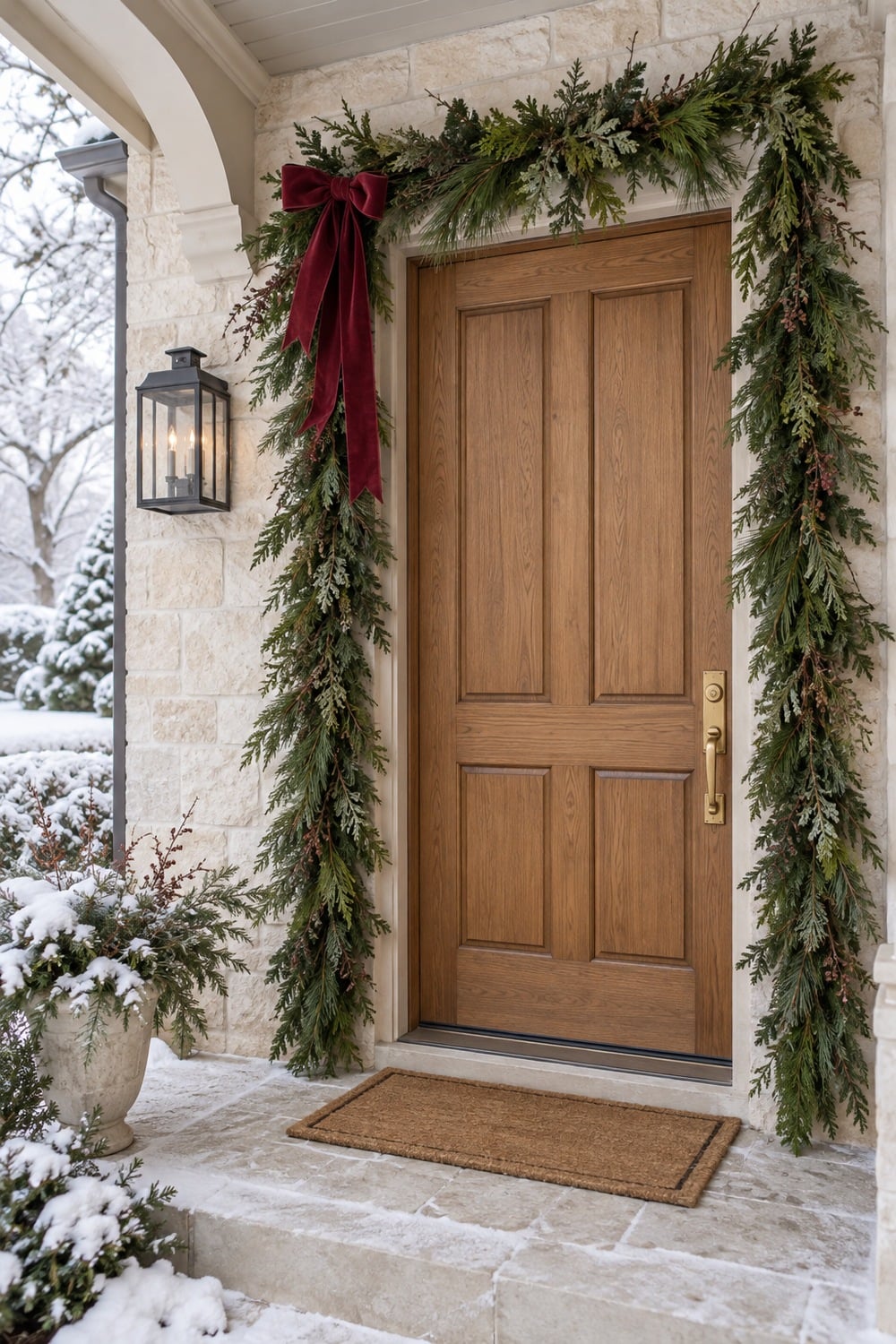Mixed evergreen garland and a burgundy bow framing an oak front door.