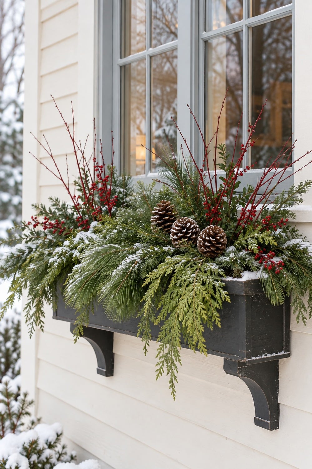 Christmas window box filled with cedar, red twigs, three pinecones and berry stems.
