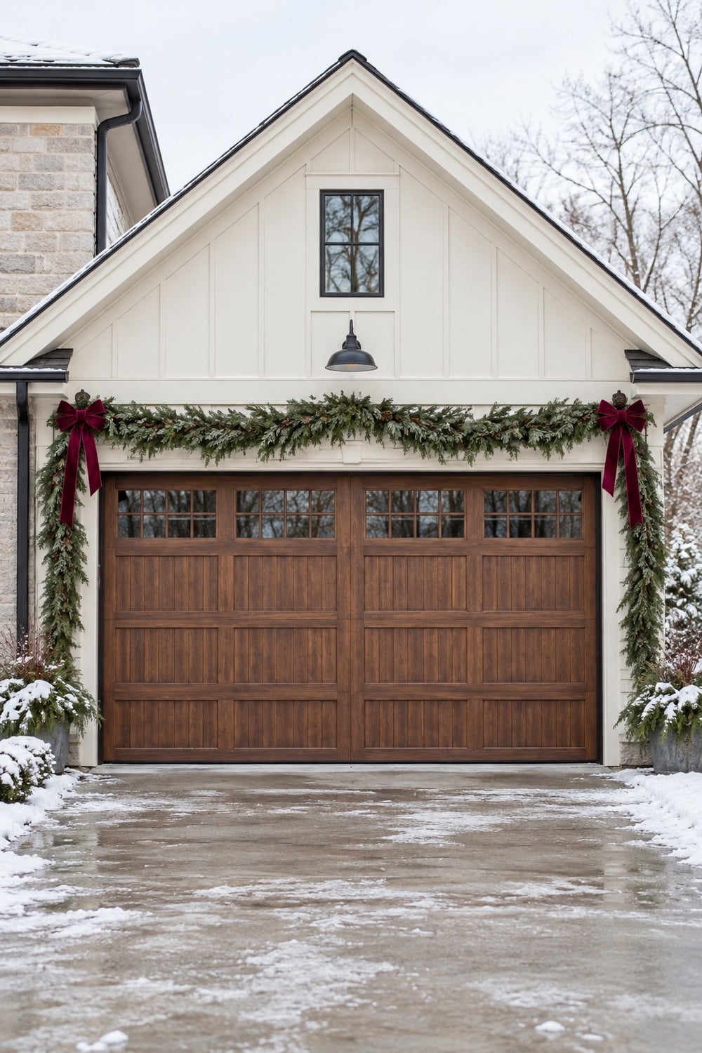 Evergreen garland and burgundy bows around the fixed trim of a wooden garage door.