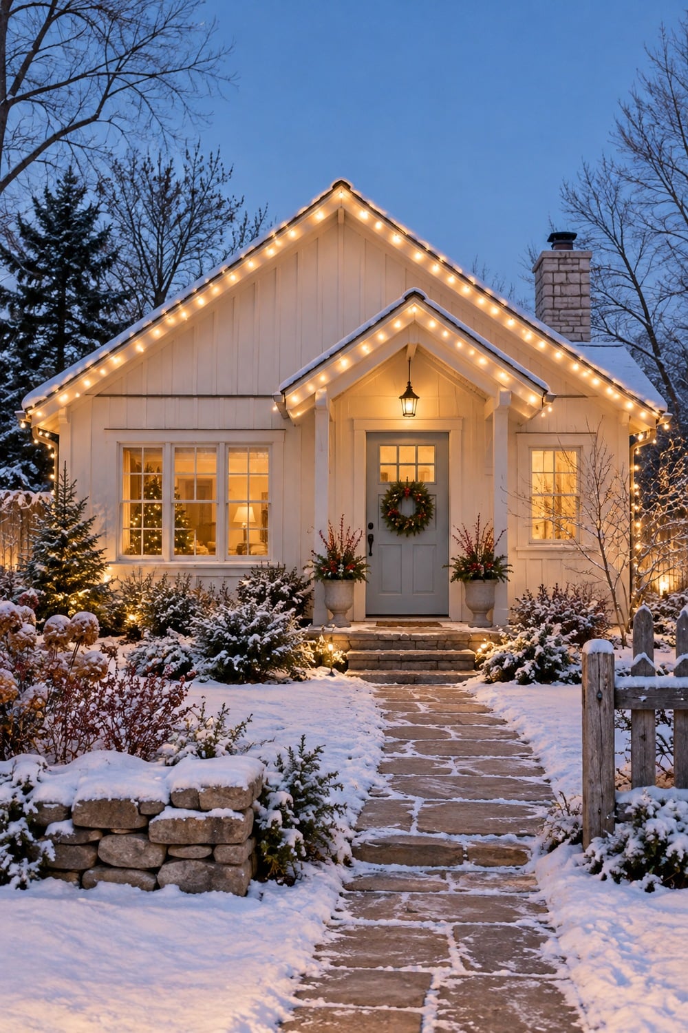 Warm white Christmas lights outlining the gabled roof of a cream cottage.
