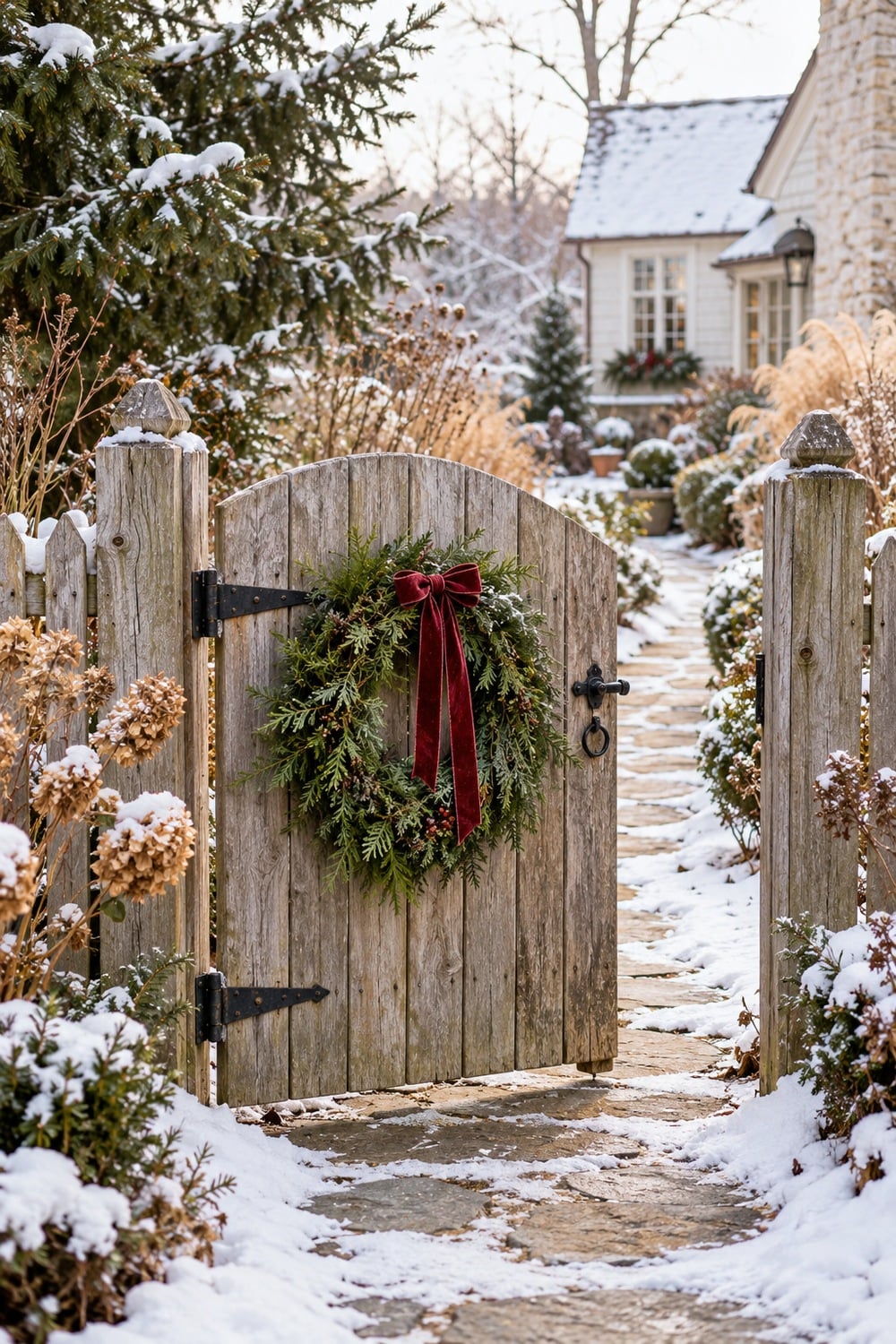 Evergreen wreath with burgundy ribbon on a weathered wooden garden gate.