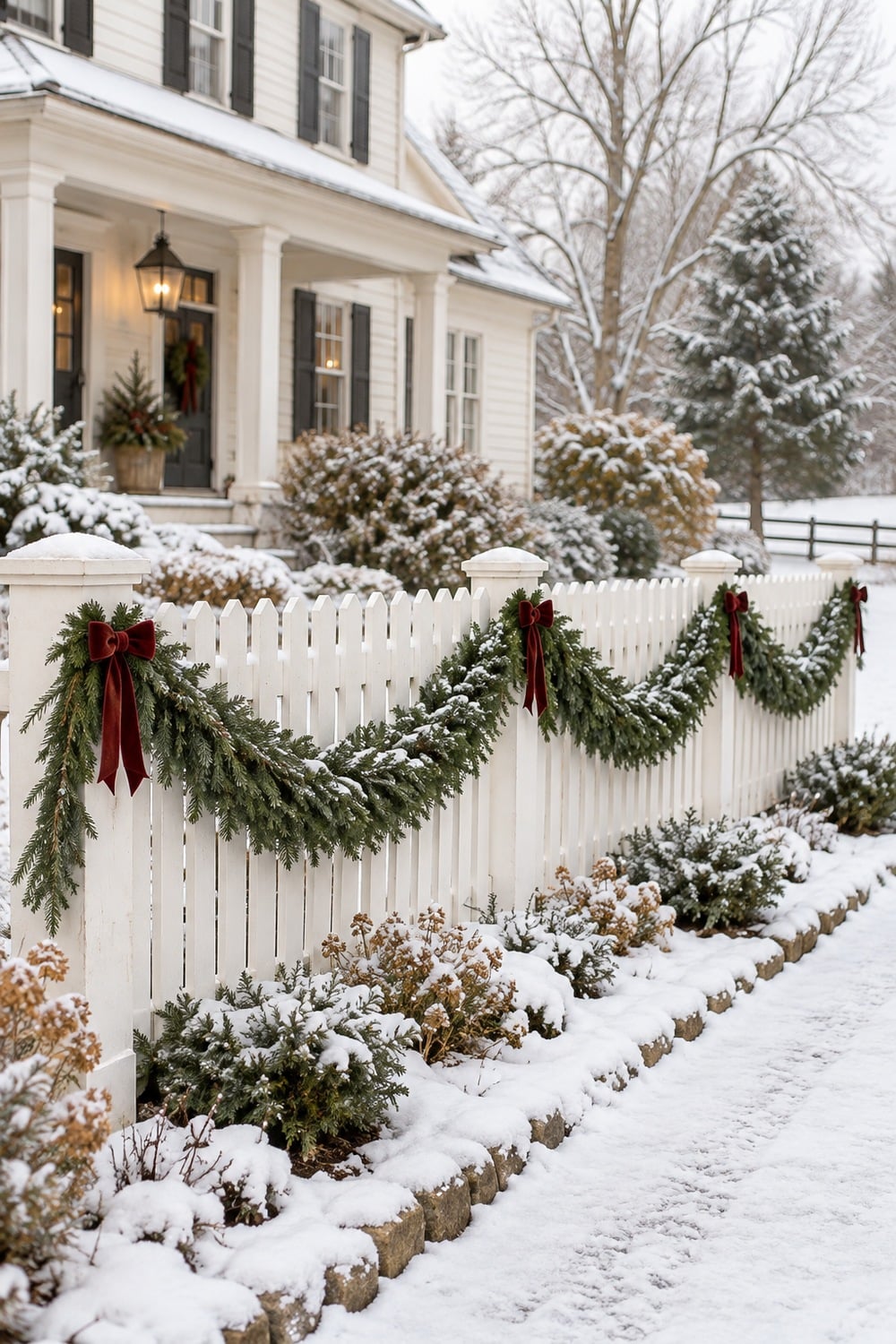 Three evergreen garland swags with burgundy bows along a white picket fence.