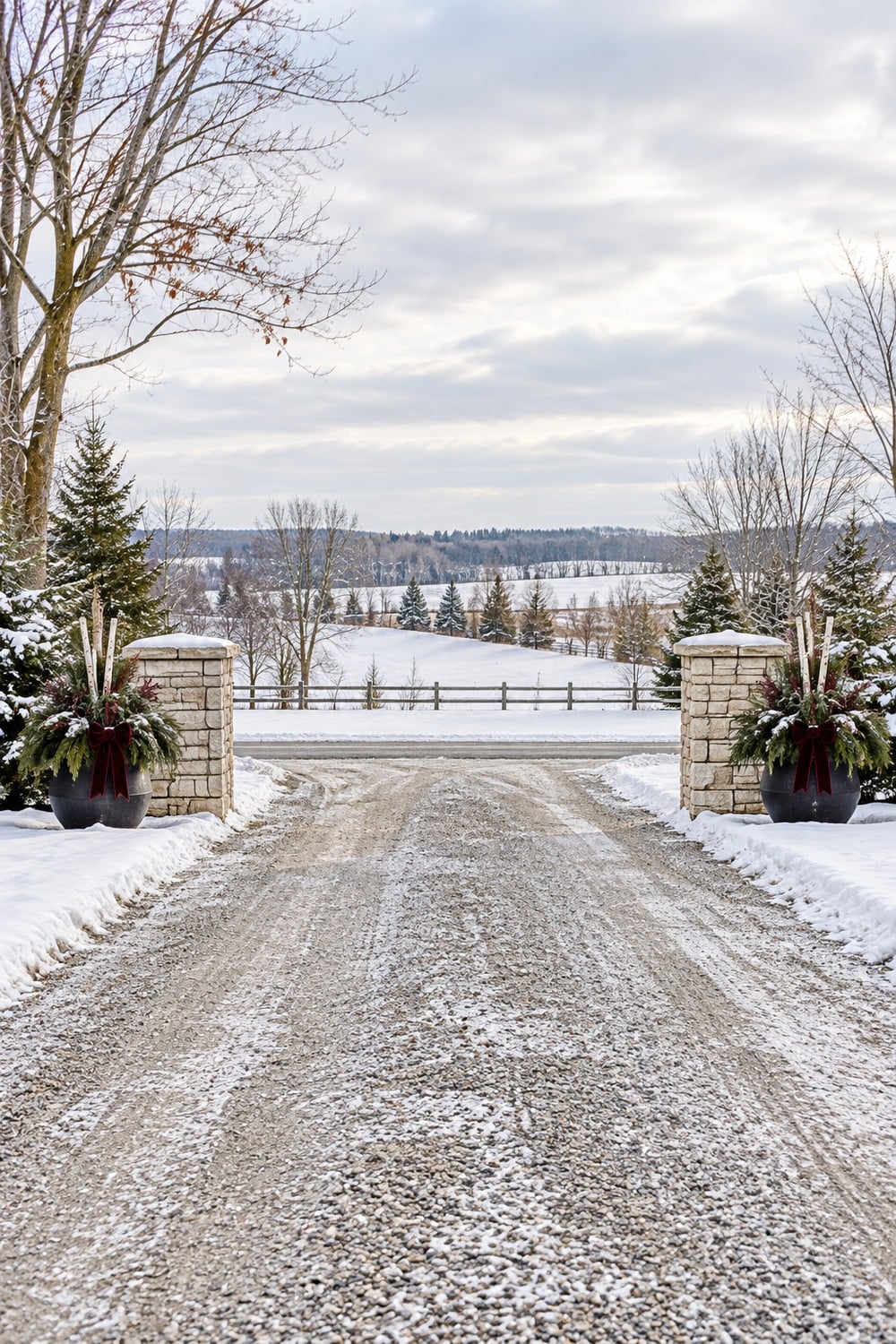 Two greenery-filled planters beside limestone pillars at a clear rural driveway entrance.
