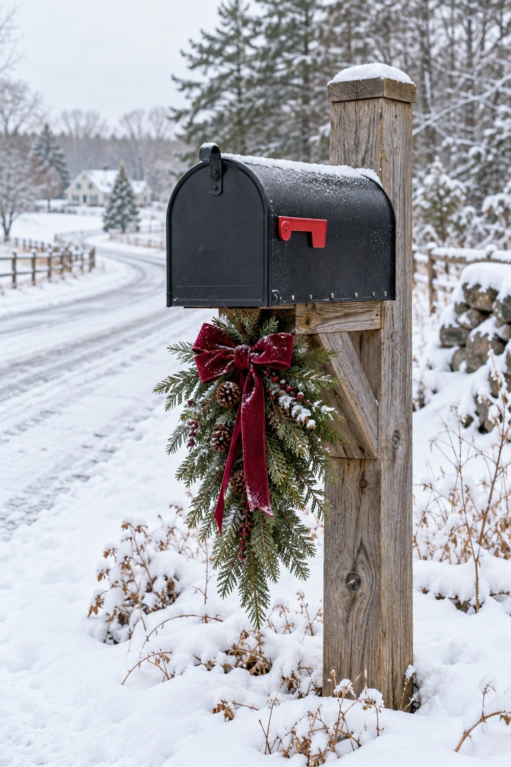 Compact evergreen swag and burgundy bow below a black rural mailbox.