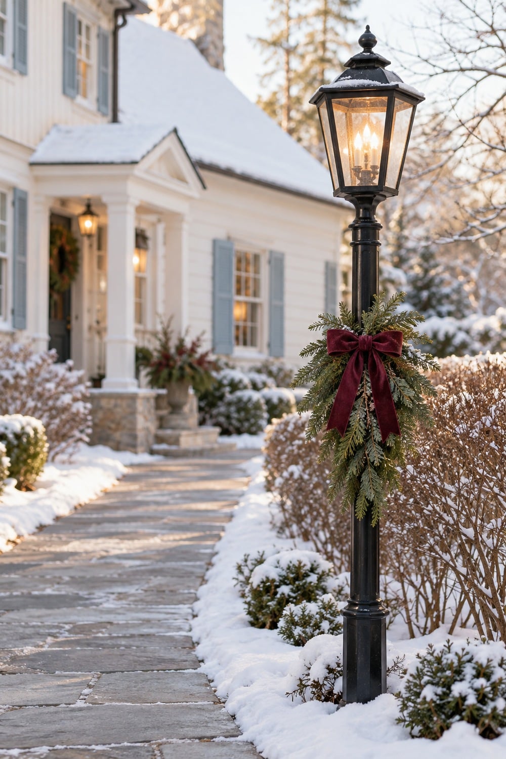 Small evergreen swag and burgundy bow attached below a black garden lamp.